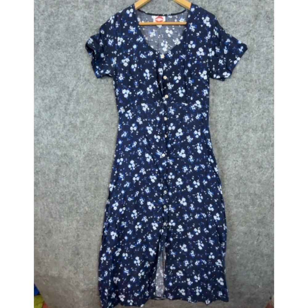 Vintage KISS Midi Dress Womens Small Blue Floral Rayon Short Sleeve Button Front